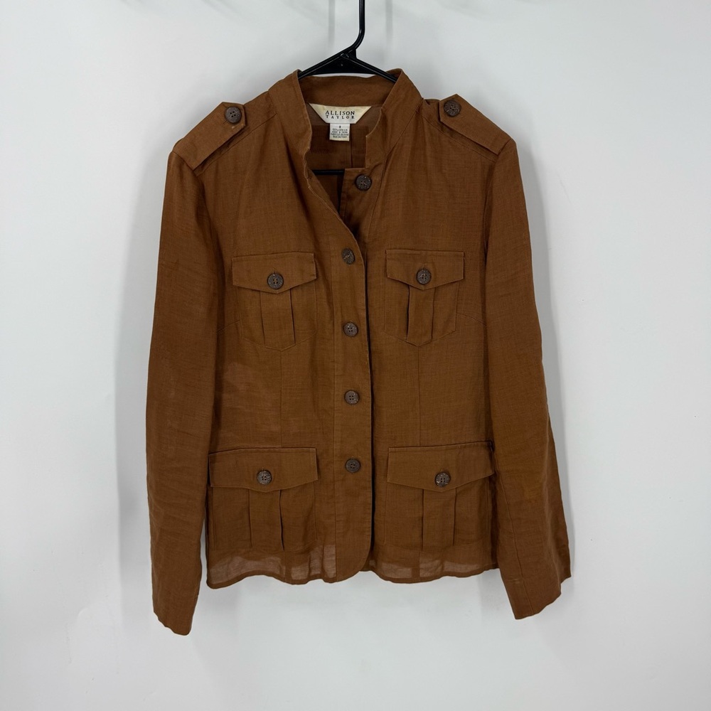Allison Taylor 100% linen semi share Tan brown Utility Jacket 8
